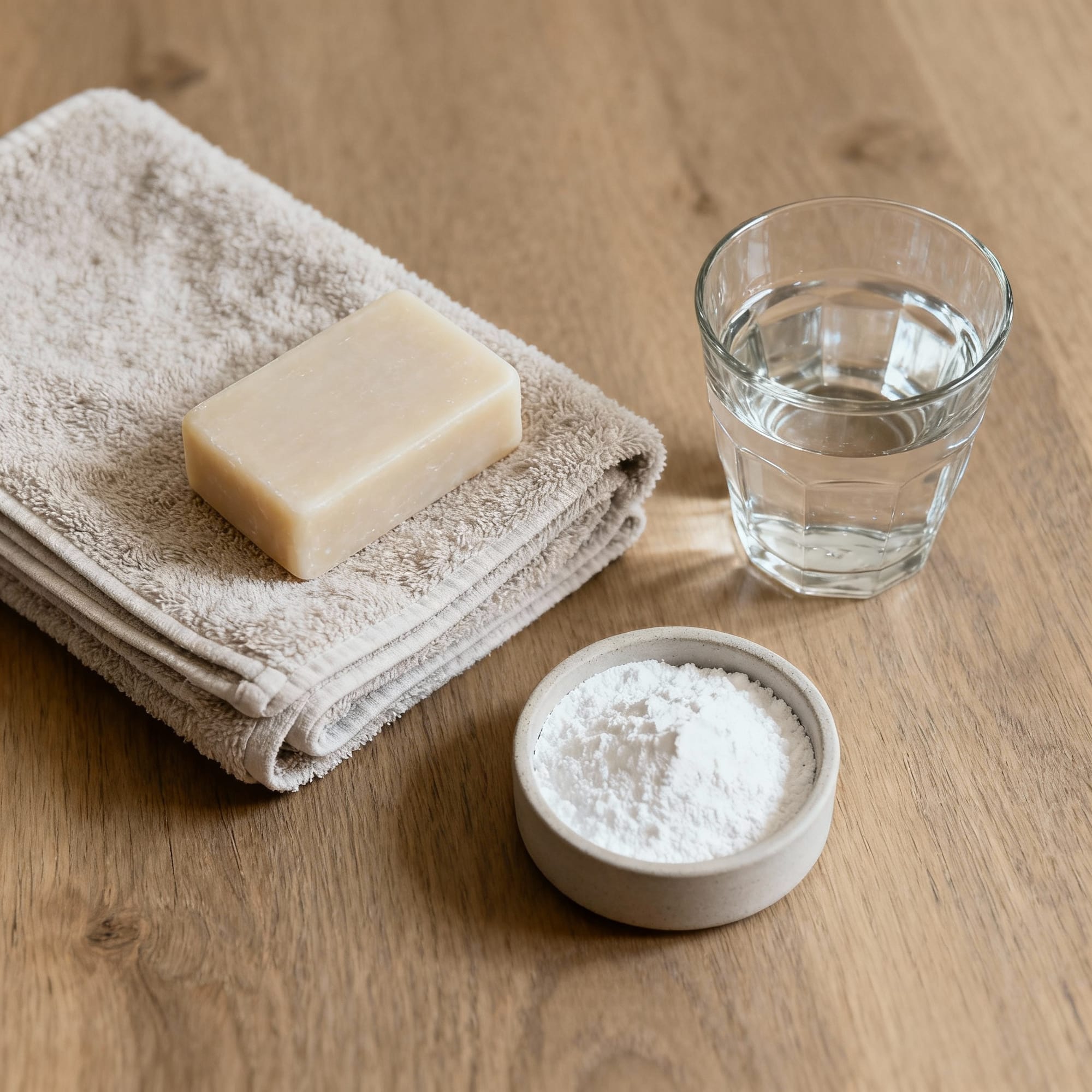 Fleshlight cleaning supplies laid out on a counter — mild soap, warm water, cornstarch and clean towels